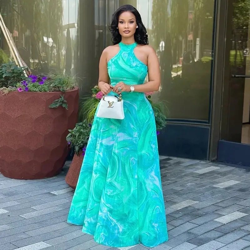 

Women's O-Neck Sleeveless Pleated Hips Wrapped A-Line Long Dress, Slight Perspective, Sexy