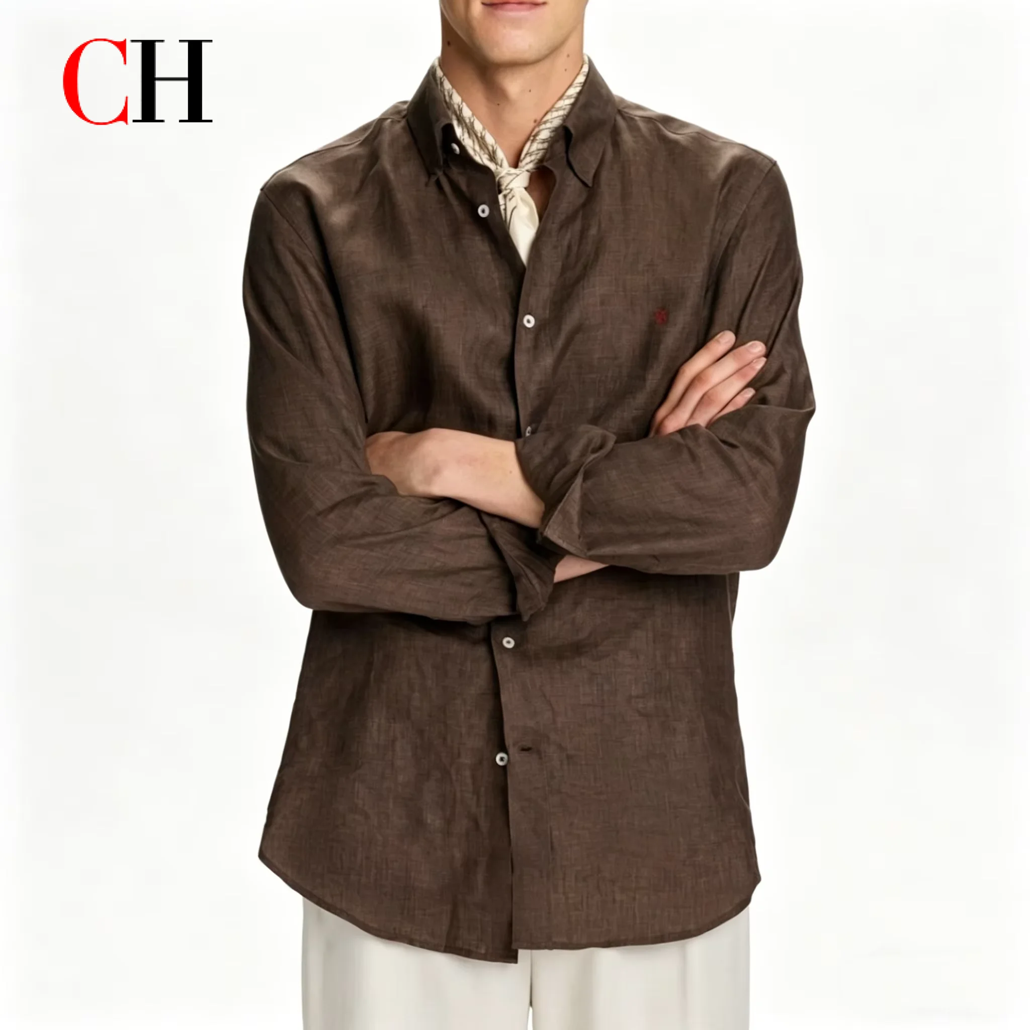 

CH Linen Embroidered Long Sleeve Shirt Men Elegant Style Button Up Collar Breathable Casual Daily Tops