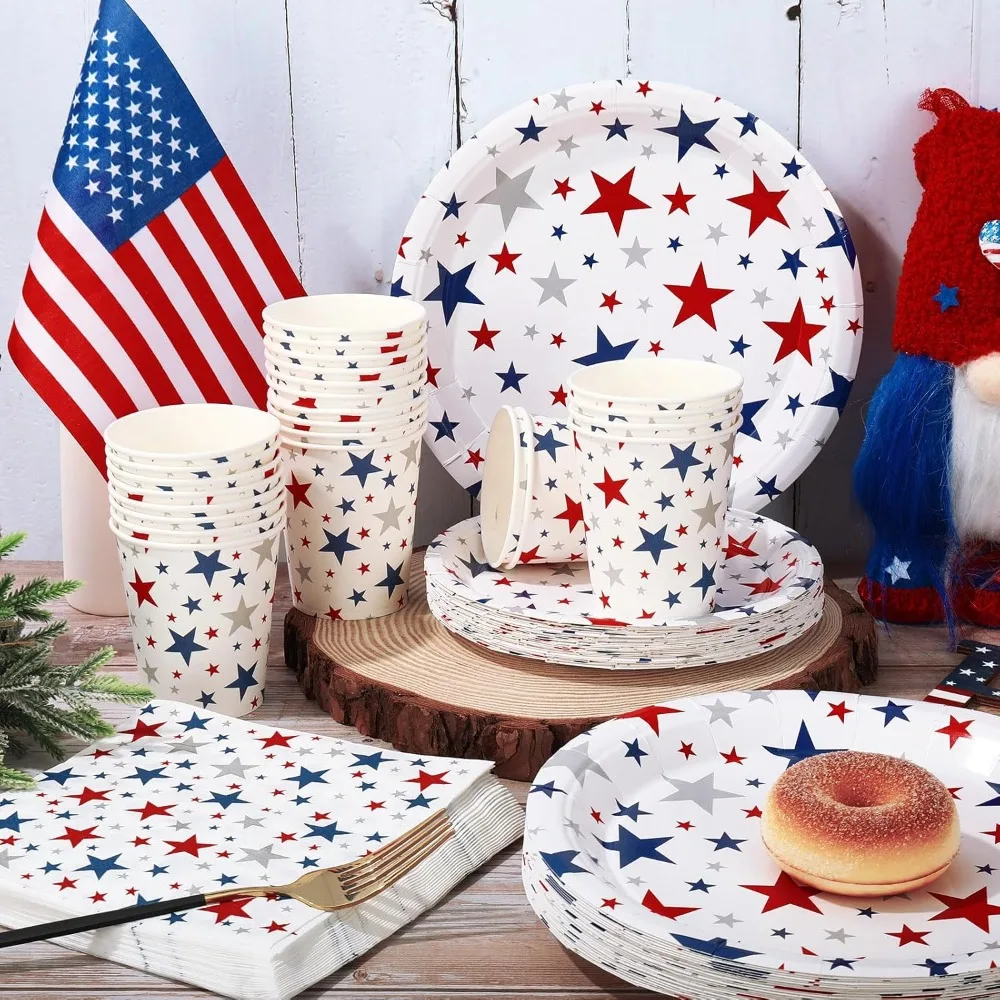 

96-piece patriotic-themed party tableware set, including paper plates, napkins, paper cups, and disposable tableware