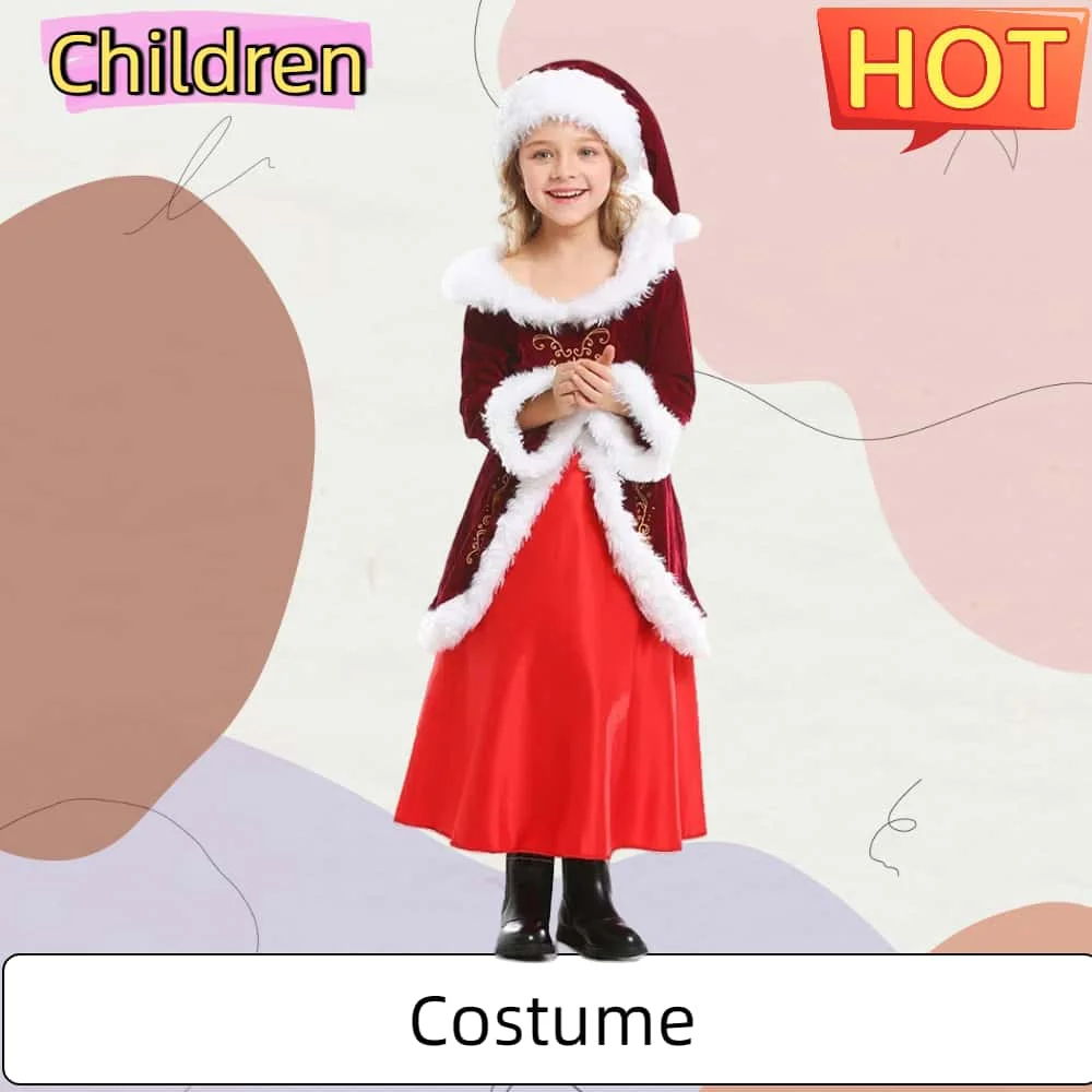 

2025 Рождественский ужин, вечеринка, рождественское сценическое представление, бордовое длинное платье для родителей и детей, милый рождественский костюм для девочек