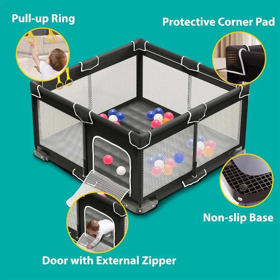 روضة أطفال قابلة للطي للأطفال الصغار مقاس 50 × 50 بوصة قلم لعب محمول قابل للطي مع مقودين داخليًا وخارجيًا