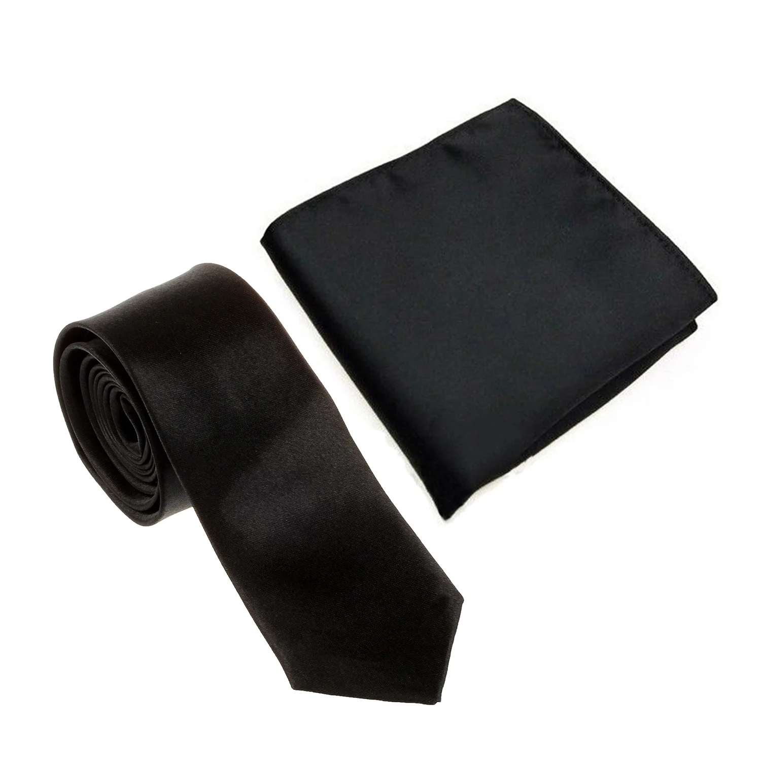 Unisex Casual Necktie Skinny Slim Narrow Neck Tie - Black & Men's Pocket Hanky Plain Color Square Hankerchief (Black)