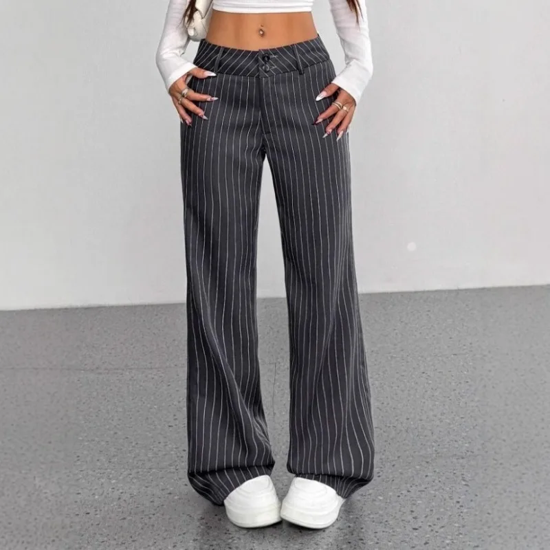 Retro Striped Pants Women 2026 Loose Casual Spring Autumn Long Wide-leg Pants Office Fashion Printed Elegant Slim Fit Trousers