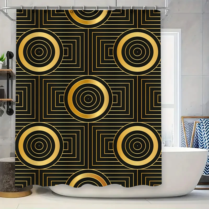 

Black Gold Geometric Shower Curtain Decorative Bathtub Fabric Waterproof Home Decoration Wall Hanging Bath Mat Rectangular Shape