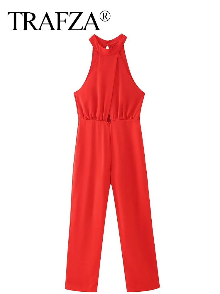 TRAFZA Fashion Women Chic Casual Red High Waist Wide Leg Jumpsuit Female Elegant Hanging Neck Sleeveless Slim Holiday Playsuit