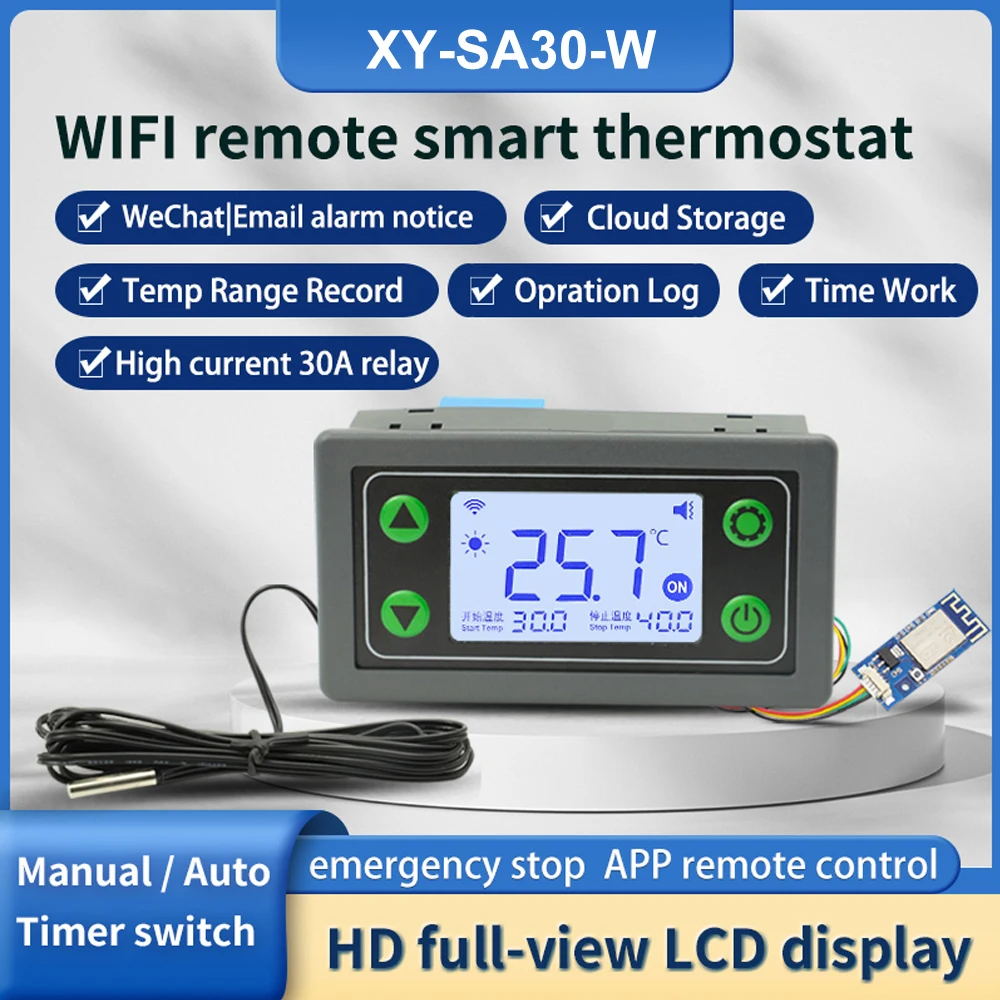 

WIFI Remote APP Temperature Controller Module Heating Cooling Thermostat High Low Temperature Alarm Cloud Record 10A 30A