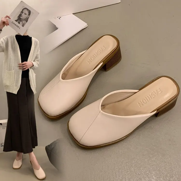 Mules For Women 2024 Slippers Summer Shoes Slides Cover Toe Pantofle Flat New Retro PU Rome Basic Slippers Women Summer Female M