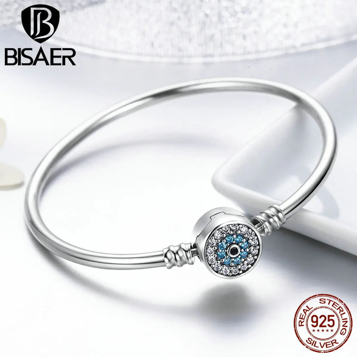 BISAER 925เงินสเตอร์ลิง Demon Eye สร้อยข้อมือสีฟ้ากำไลข้อมือกำไลข้อมือ Pave Zircon 17-21ซม.สำหรับสตรีเครื่องประดับ Fine