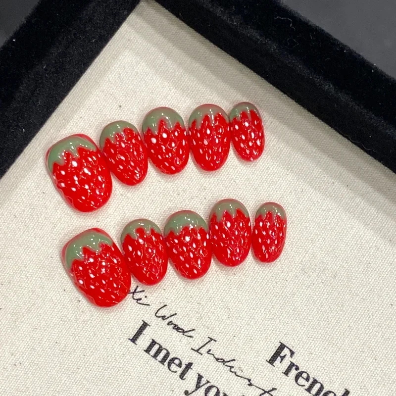 طقم أظافر عين الفراولة مصنوع يدويًا ، اضغط على ، لطيف ، شكل لوز لامع ، طول قصير مع مجموعة أدوات للنساء والفتيات ، 10 * #3