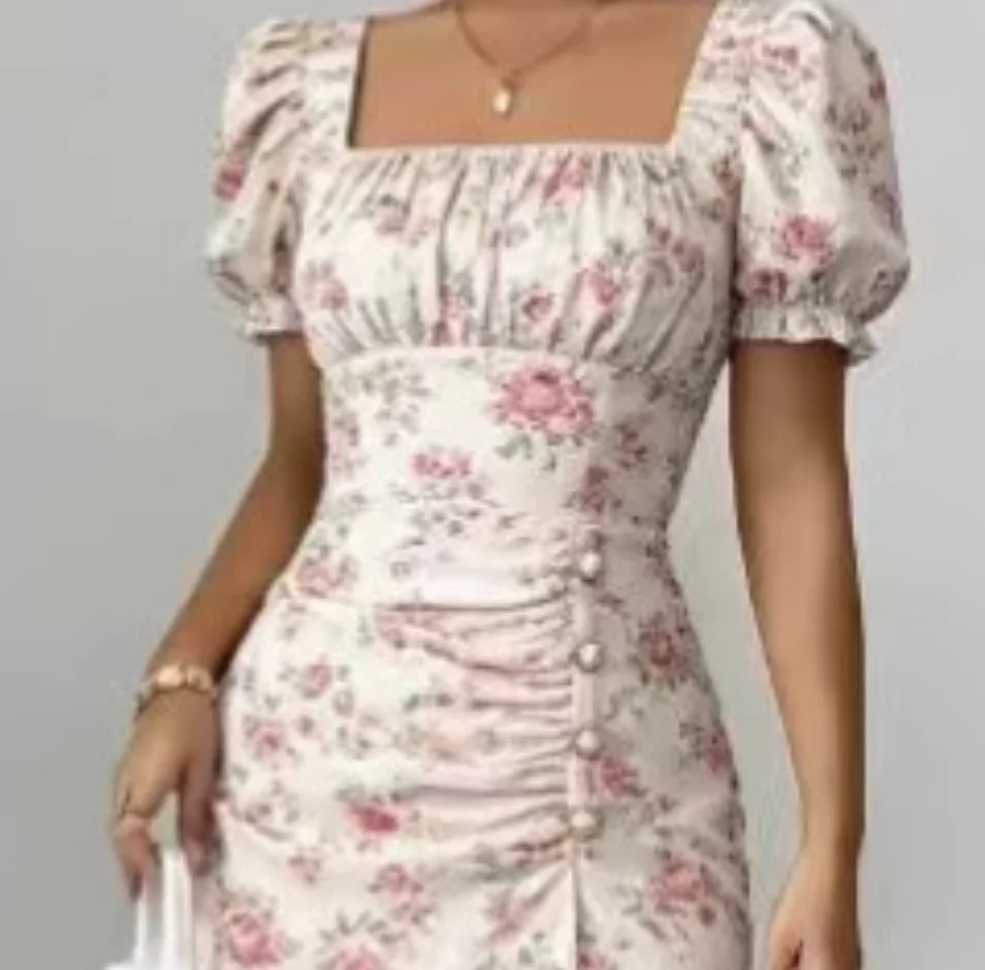 

Women Dresses 2026 New Spring Square Neck High Slit Print Short Sleeve Slim Fit Elegant Temperament Long Dress