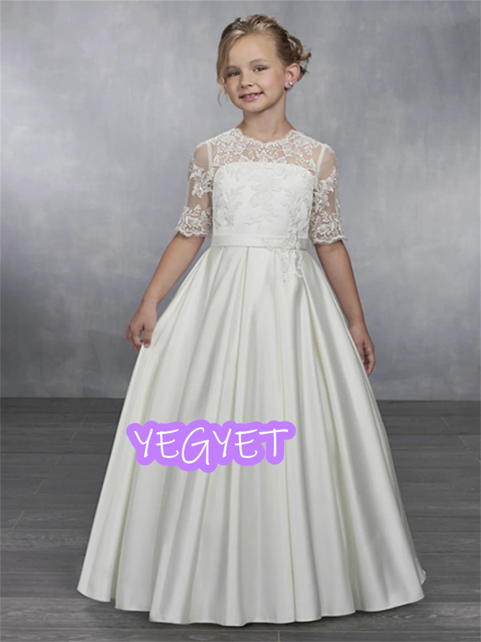 

White Flower Girl Dresses Satin Appliques Half Sleeve For Wedding Birthday Party Pageant Banquet Princess Gowns