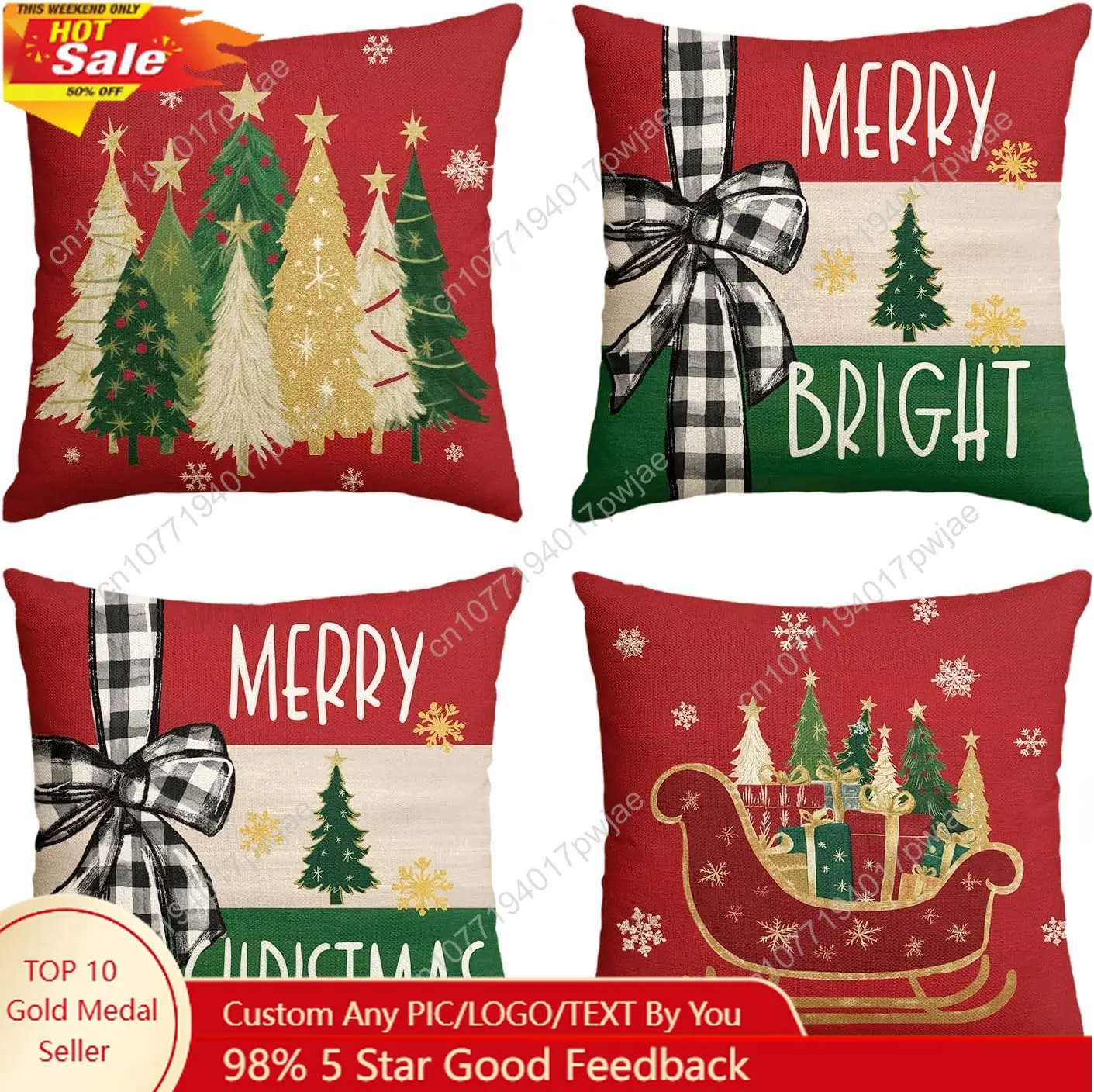 

AVOIN colorlife Merry Bright Christmas Trees Star Sleigh Throw Pillow Covers, 18 x 18 Inch Bow Snowflake Red Xmas Winter Holiday