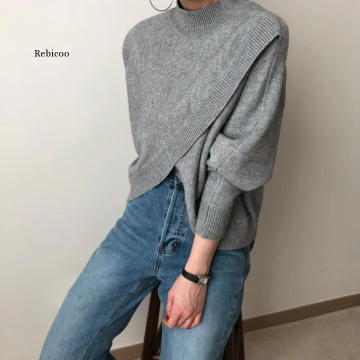 Stylish Criss-Cross Knitted Jumpers Top Women Sweater Autumn Winter Half Turtleneck Women\'s Sweaters Pullovers Loose Female Tops