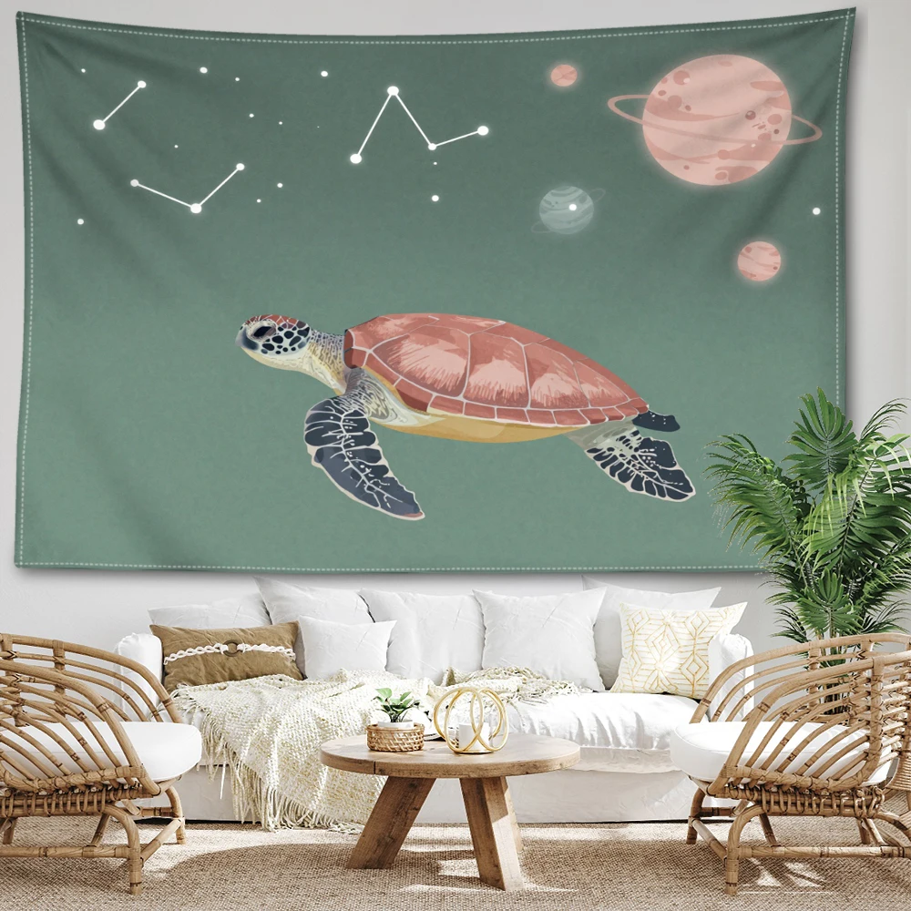 Grey Green Sea Turtle Constellation Planet Wall Tapestry, Cosmic Boho Decor