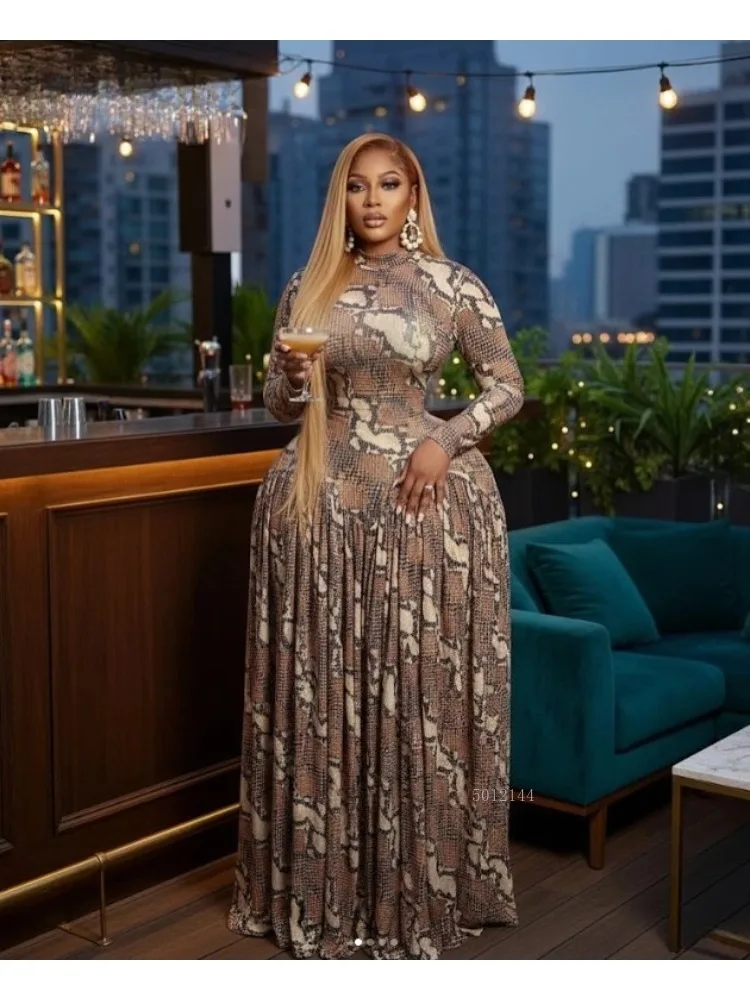 

Sexy Women Print O-neck Long Sleeve Pleated Long Maxi Dress 2026 Spring Evening Party Birthday Vacation Dresses Vestidos