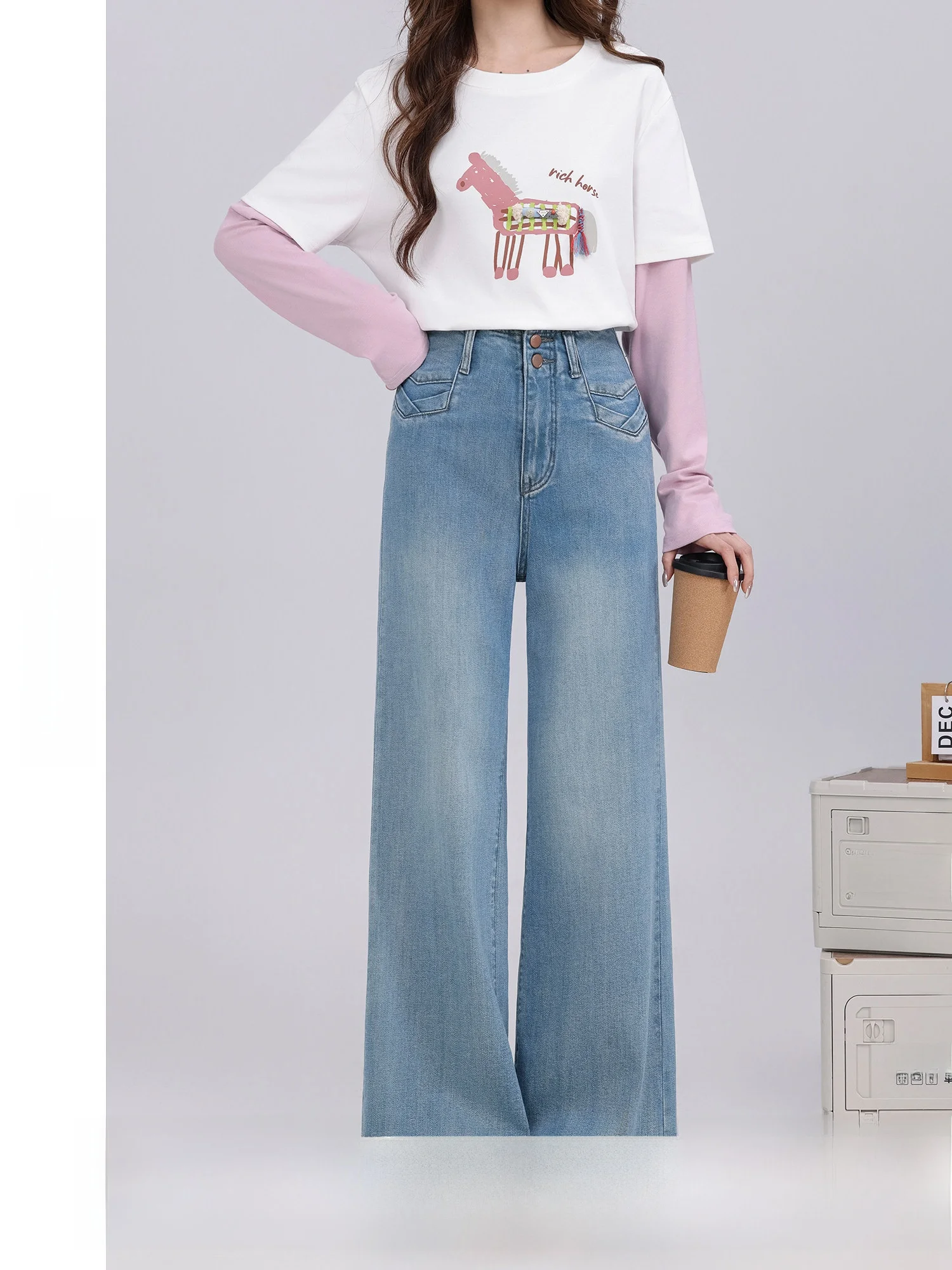 

High Waist Wide Leg Blue Jeans Women's Vintage Sle Casual Spring New Faionable All-Match High Waist Denim Pants