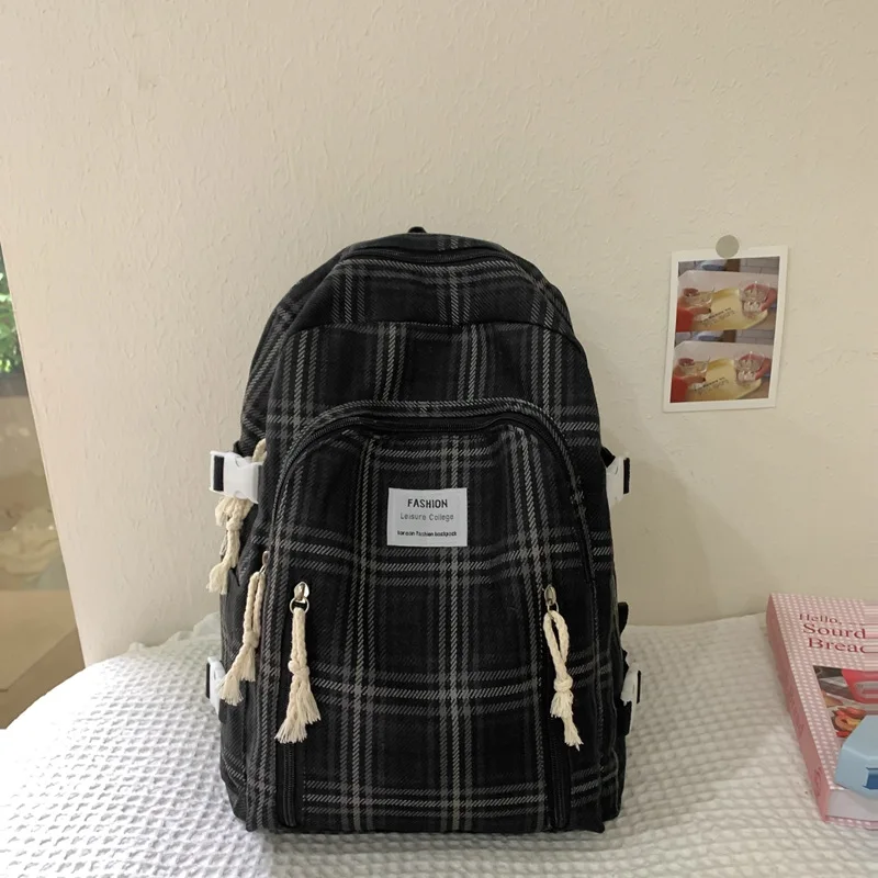 Fashionable Plaid Canvas Female Backpack Student School Bag Backpack Girl School Bag Large Capacity Travel Backpack