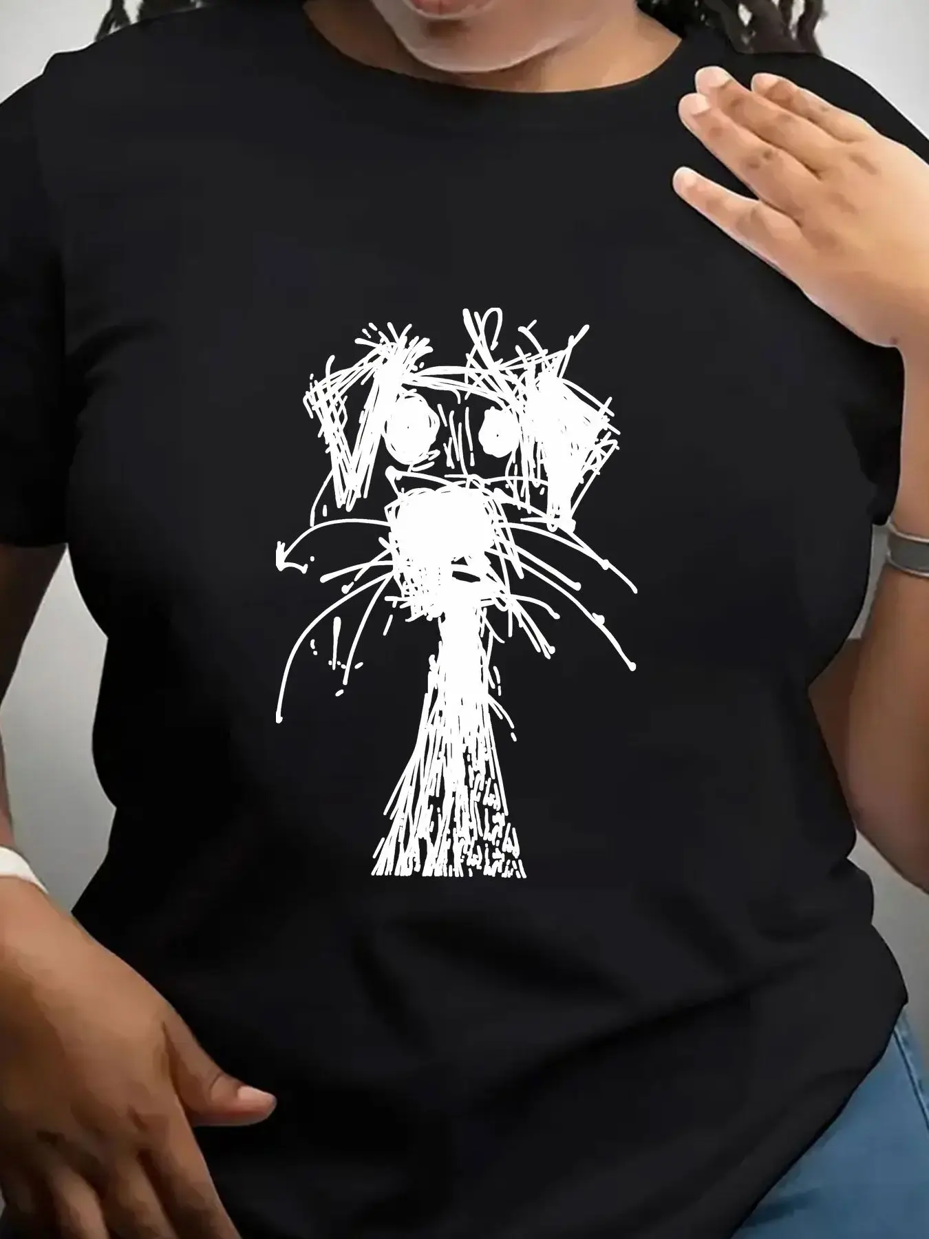 Women's Trendy Crew Neck T-Shirt White Sketchy Cat Face Print Suitable for Casual Sportswear