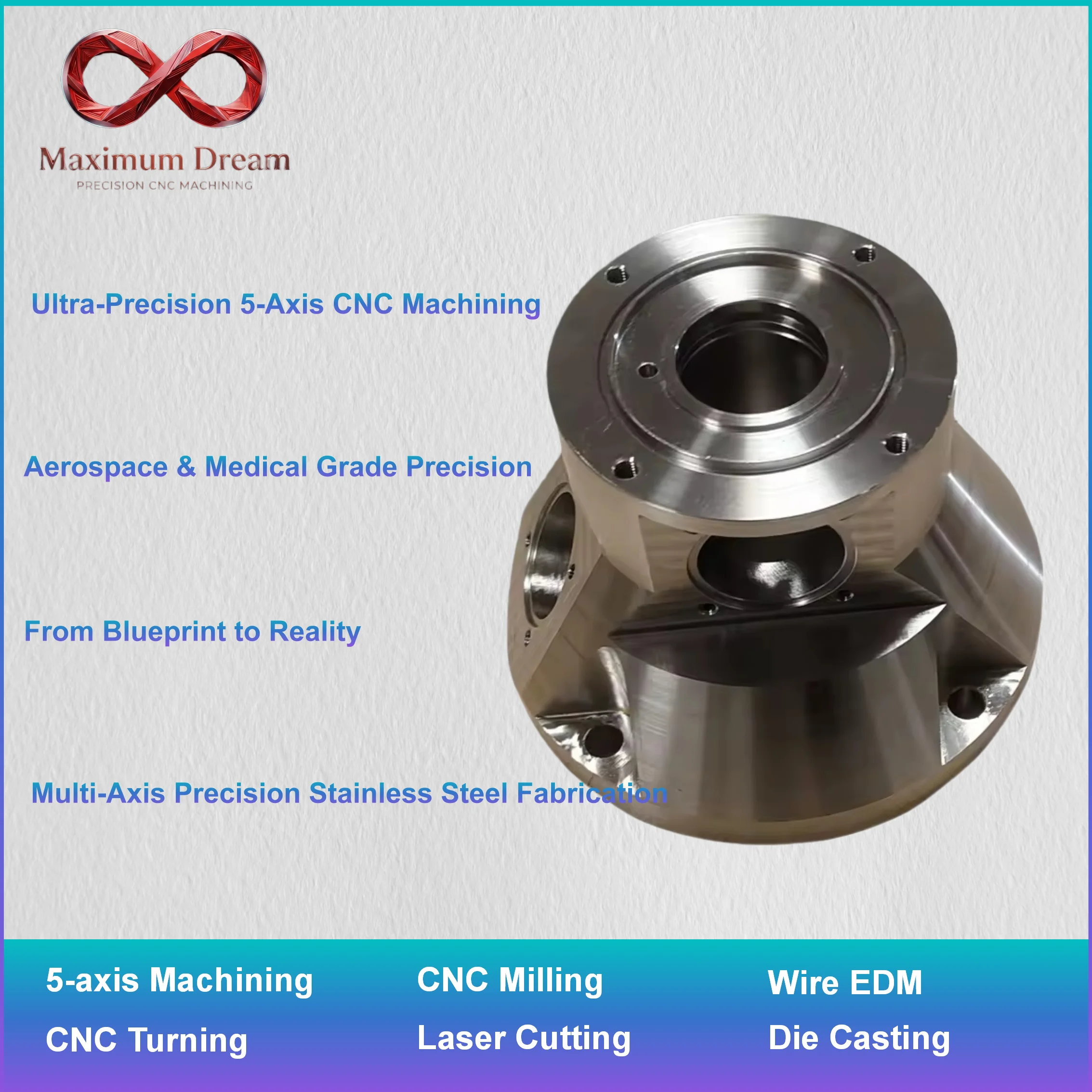 Custom 5-Axis CNC Machining Stainless Steel Parts, High Precision Complex Milling Turning Service, Prototype to Mass, 1pc