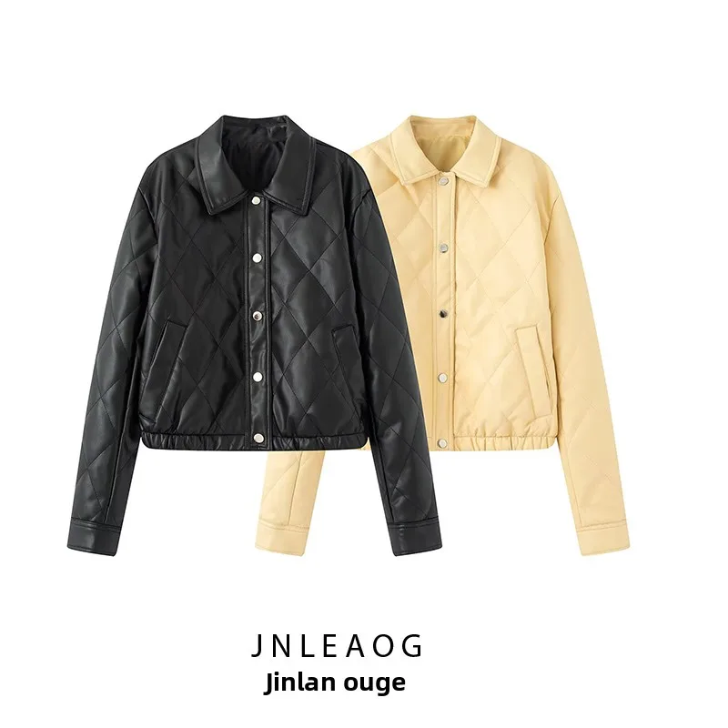JNLEAOG Herfst Nieuwe Faionable ort Gewatteerde PU Katoenen Jas voor Vrouwen Franse Sle Loose Fit Polyester Dames Jaet