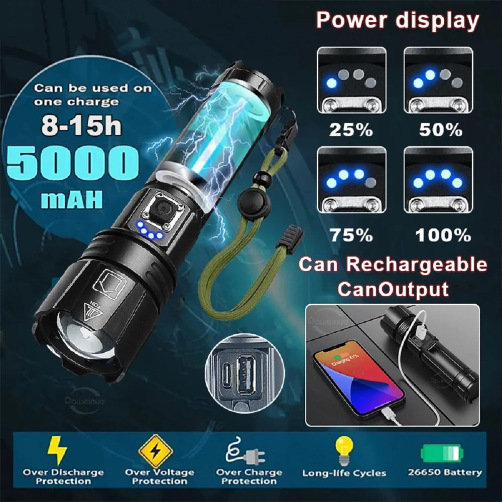 8800000LM Most Powerful LED Flashlight 3000 Watts USB Rechargeable Torch Light 5500 Meter High Power Flashlight Tactical Lantern