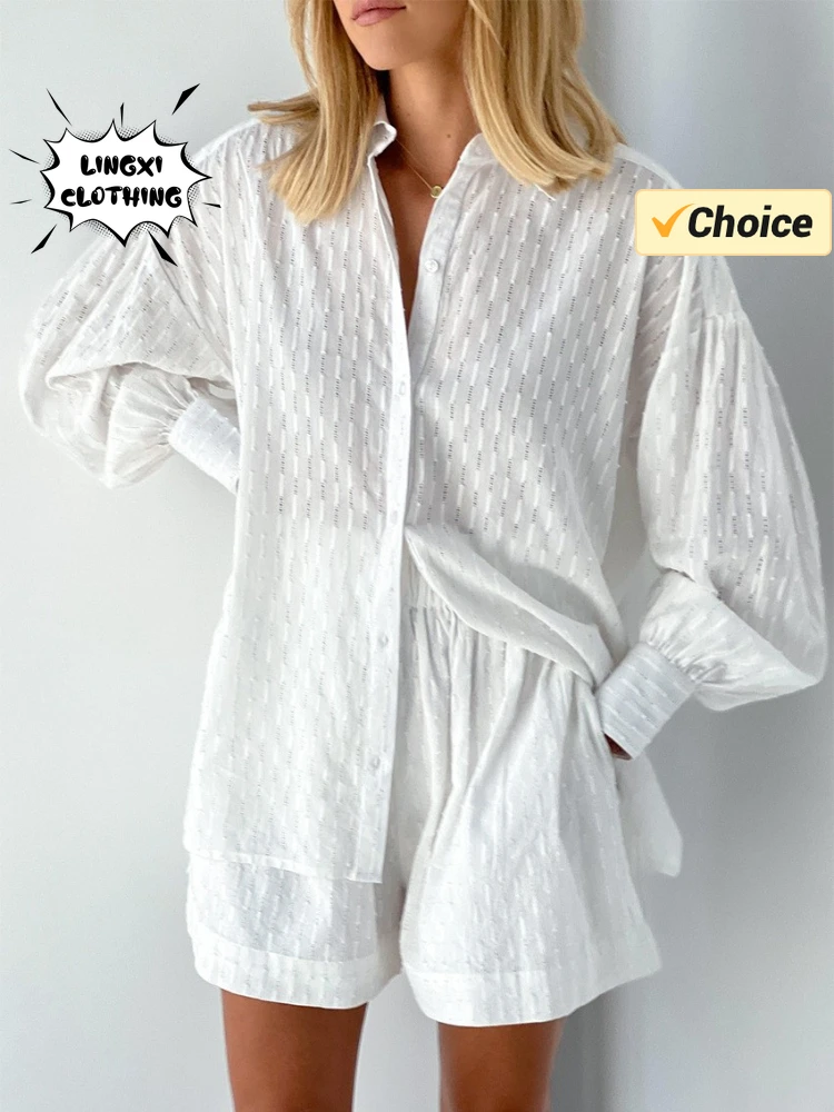 

2024 Summer Fashion New Matching Collection Women's Loose Lapel Single Breasted Hollow Jacquard Shorts Casual Two Piece Set