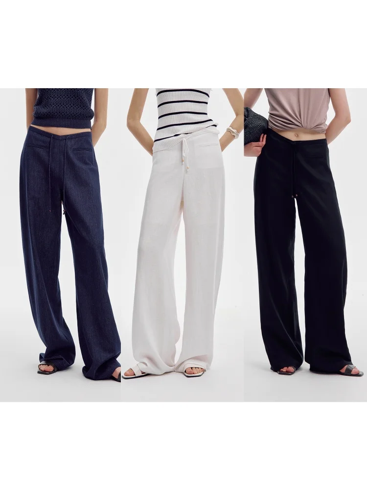 

DMON Waed Linen Stripe Casual Pants V-aped Waist Design Wide Leg Pants Cotton Linen Blend Summer Ladies Faion