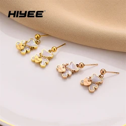 HIYEE Stainless Steel Bear Earring Pendant 18k Gold and Black Rose Waterproof Non-fading Shell Inlay Ladies Lovely Charm Jewelry
