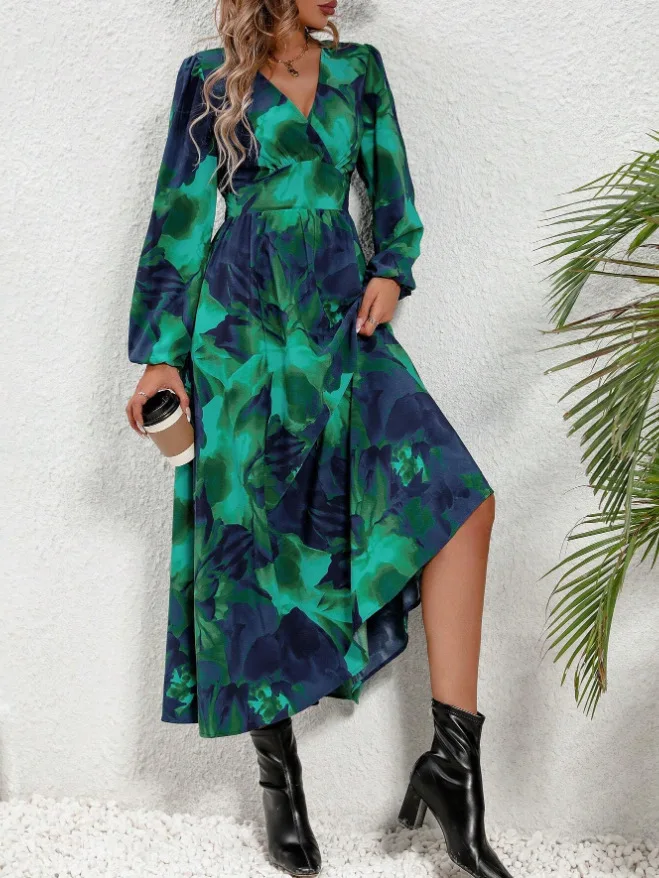 Moda dekolt w serek z długim rękawem zielona sukienka Maxi damska 2024 jesień elegancka, wysoka talia artystyczne biurowe sukienki kwiatowe dla