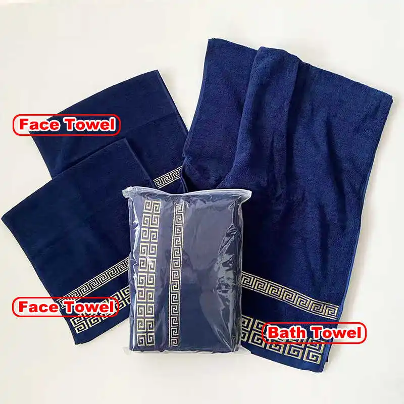 

3 Pack Cotton Towel Set Bathroom Bath Towels For Adults Blue White Geometric Terry Face Towels Sport Gym Travel Hand Washcloths