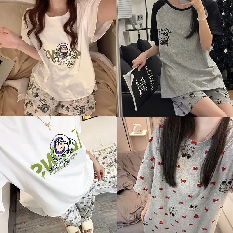 

Kawaii Hello Kitty Summer Pajamas 2 Pieces Set Cartoon Clothes Loose Crew Neck Casual Short Sleeve Shorts Y2K Girl Home Clothes