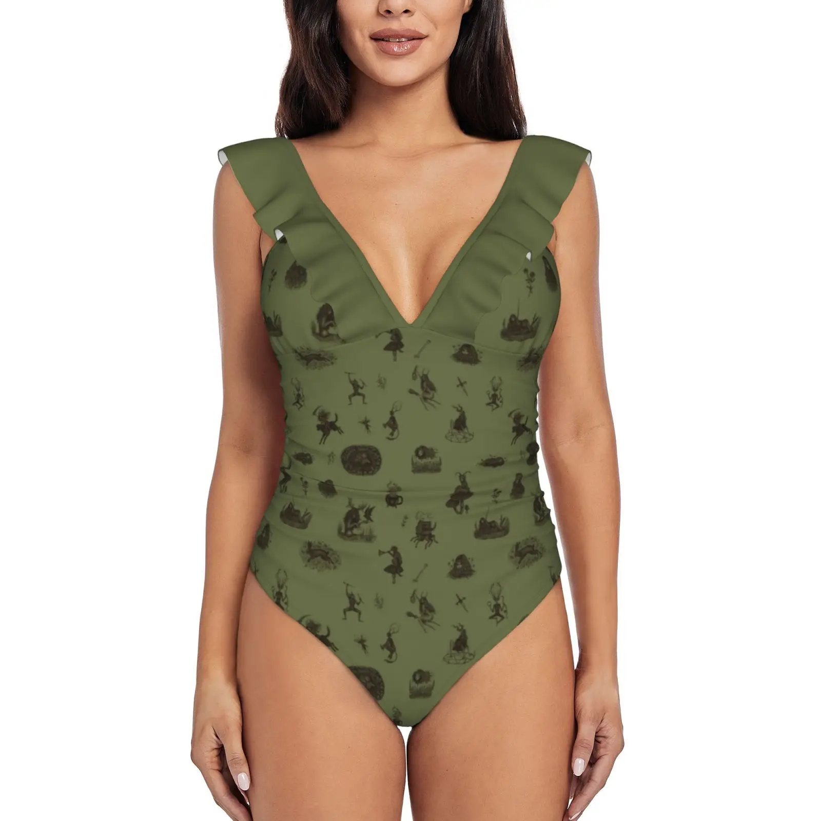 

Folk Horror In Green One-Piece Swimsuit Women Ruffle Bathing Suits New Girl Beach Swimwear Folk Horror Magic Fairytale Folklore