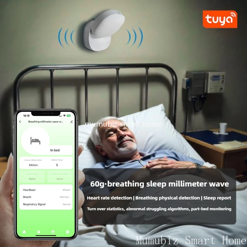 Tuya Smart WiFi 60GHz Millimeter Wave Radar Sensor Sleep Heart Rate Human Presence Monitor Real-time Monitoring APP Alerts