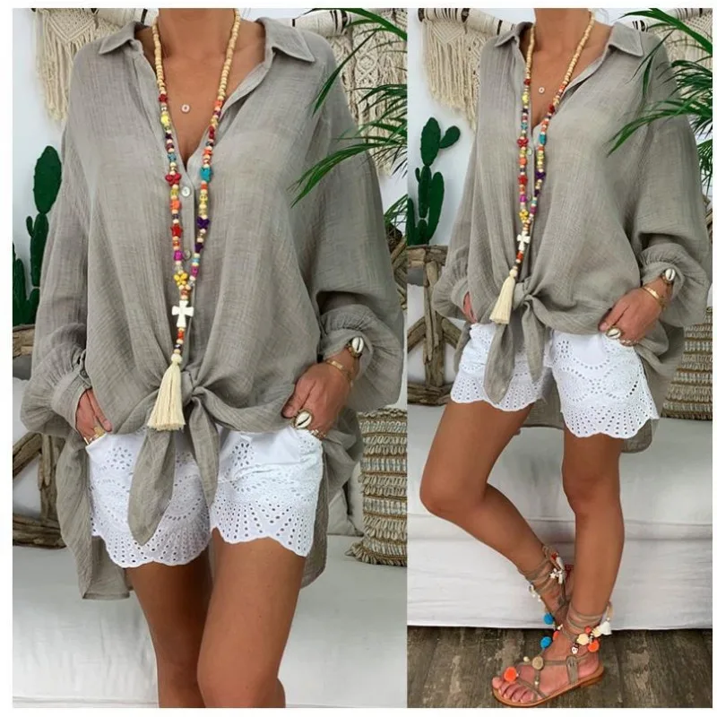 Mandylandy Summer Shirt Women\'s Button Loose Long Sleeve Casual Shirt Beach Wear Top Swim Cover Up Solid Color Loose Shirts