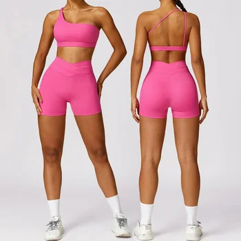 Ensembles de Yoga 2 pièces pour femmes, tenue de Yoga à séchage rapide, short, soutien-gorge asymétrique épaule dénudée, costume de Sport pour femmes, vêtements de Sport, Fitness, ensembles d'entraînement