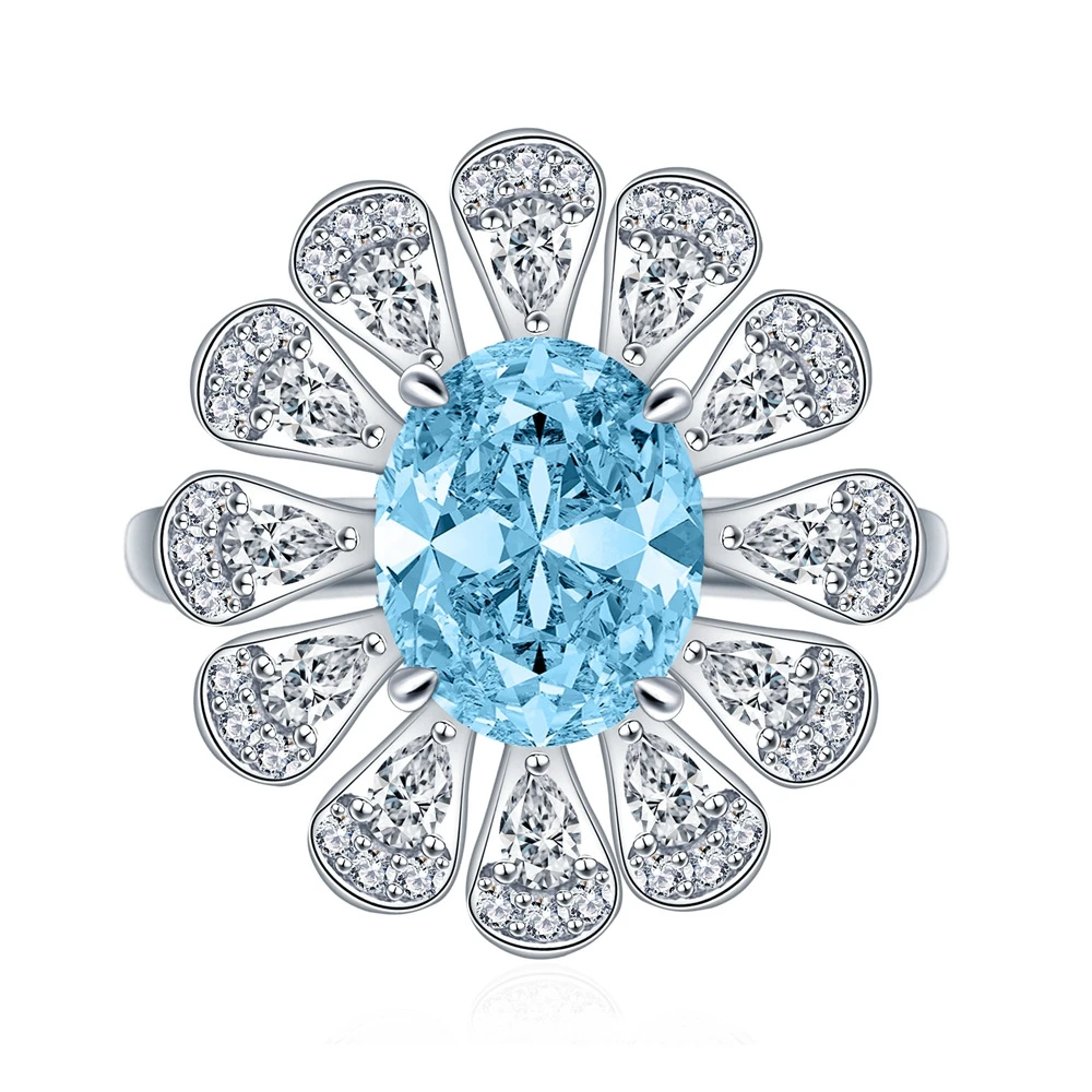 Vinregem 8*10 MM 3CT Oval Cut Sapphire Aquamarine High Carbon Diamond Gemstone Flower Ring 100% 925 Sterling Silver Fine Jewelry