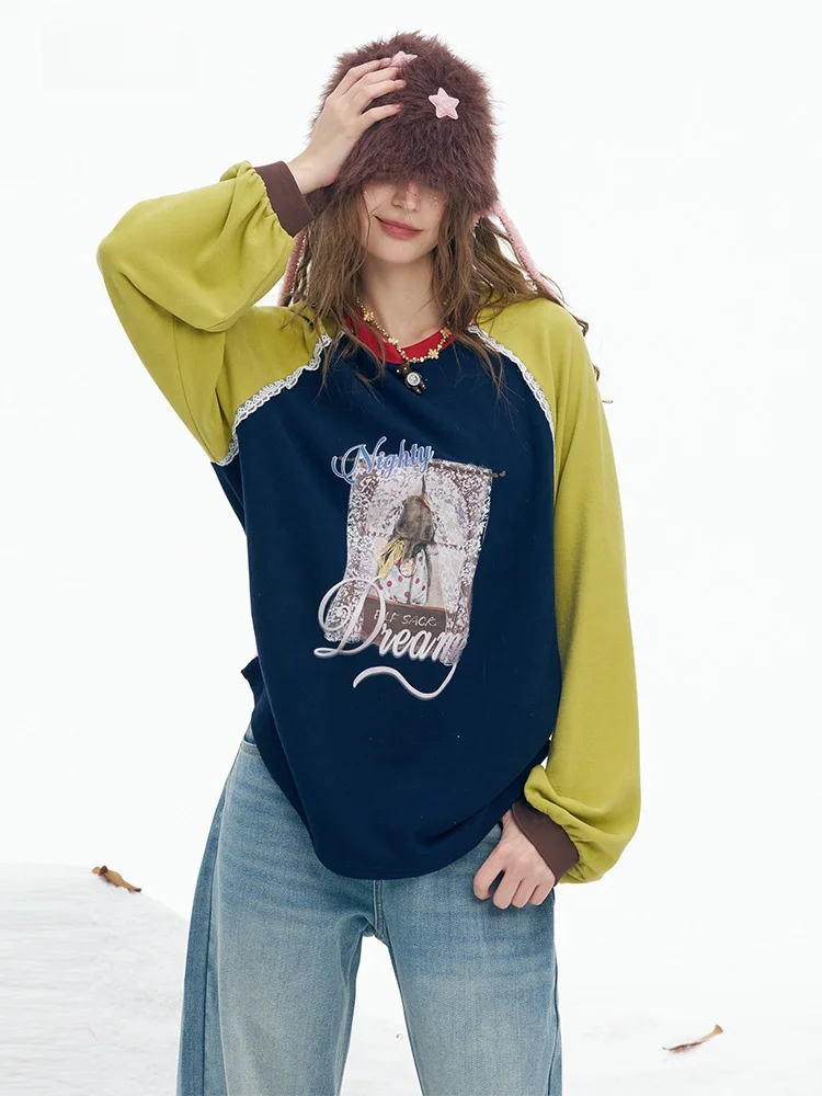 Elegant Long Sleeve Women's T-shirt Inner Wear Design Sensation Winter Fashion Print Top Elf Sack Dream Color Collision