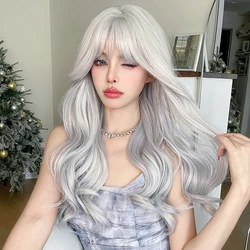 NAMM Costume Wig Synthetic Body Wavy Cool Silvery  Wig For Women Daily Use High Density Layered Hair Wigs With Fluffy Bangs