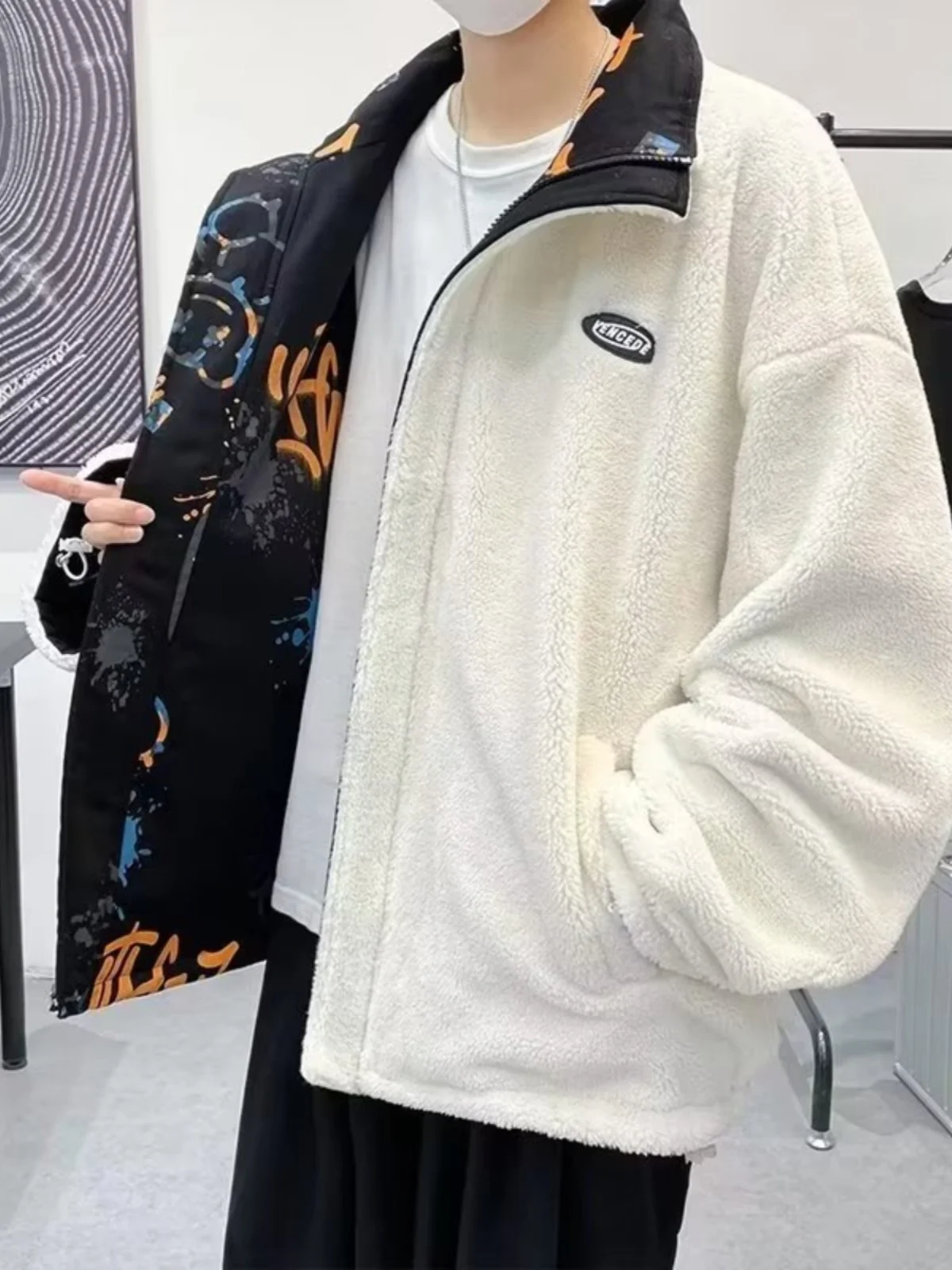 

Double-Sided Wear Lamb Velvet Cotton Jaet Men's Thiened Loose Cotton Outerwear Autumn Winter Korean Sle Faionable Top