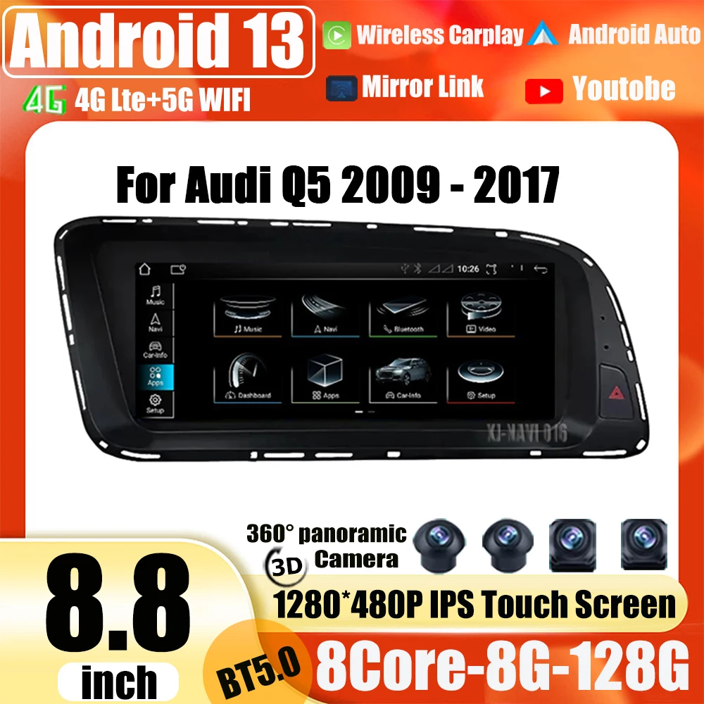 

Для Audi Q5 2009 - 2017 IPS экран 8,8 дюйма Система Android 13 4G Lte Carplay Автомобильное рулевое колесо GPS Навигация стерео видео