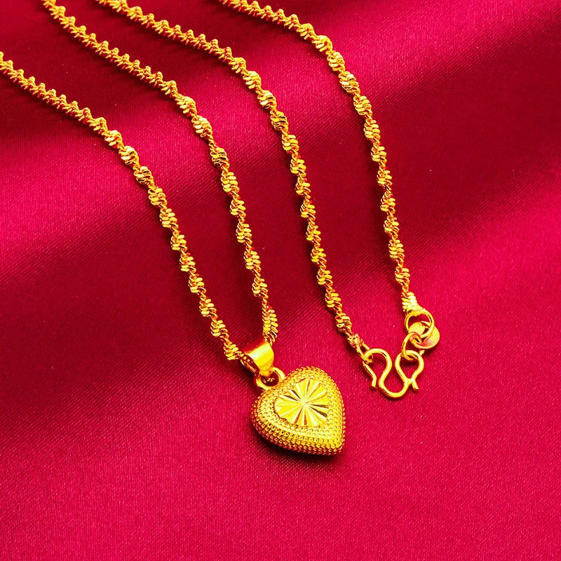

Heart Shape 24k Yellow Gold Pendant Necklace for Women Love Heart Clavicle Chain Pure Gold Necklace Valentine Day Jewelry Gift