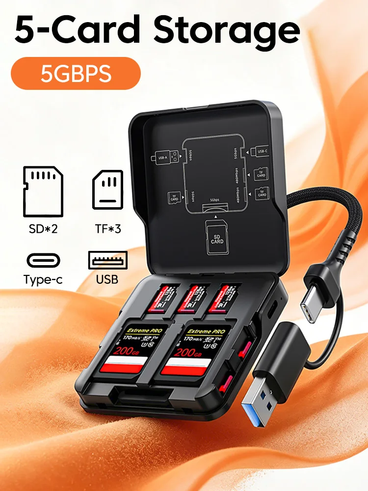 5-in-1 USB3.0-Kartenleser-Aufbewahrungsbox-Adapter mit USB/Type-C-Kabel, unterstützt 5 Ports zur gleichzeitigen Lesung für SD/TF-Karten, Speichermanager