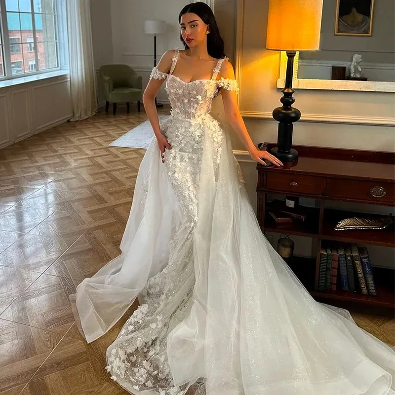 2026 Women's Sexy Luxury Shining Detachable Train Wedding Dress Embroidered Mermaid Ball Dress Sleeveless Customization