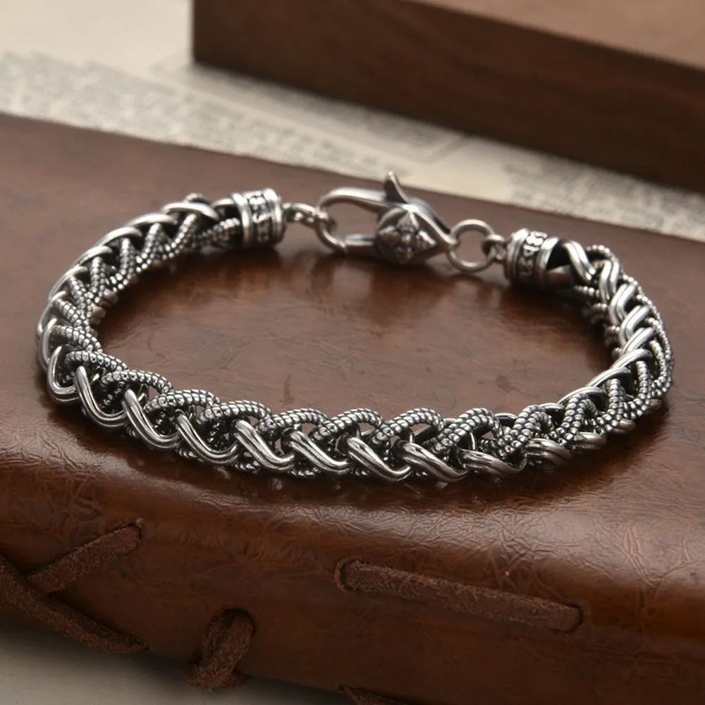 Real Solid 925 Sterling Silver Chain Men Lucky Braided Twist Rope Bracelet 30.5g/20cm