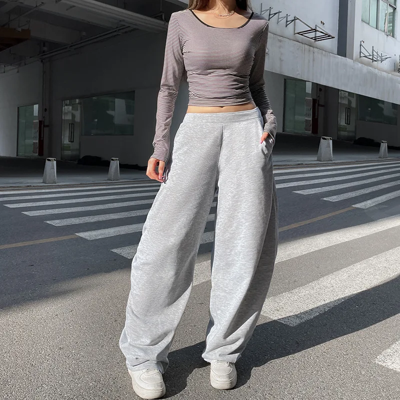 American street sports style split pleated lace-up casual pants for women cross-border baggy slim pocket pants