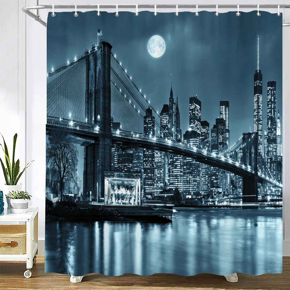 New York London Bridge Shower Curtain Printed Waterproof Fabric Polyester  City Scenery Night View Bath Curtain Bathroom Decor