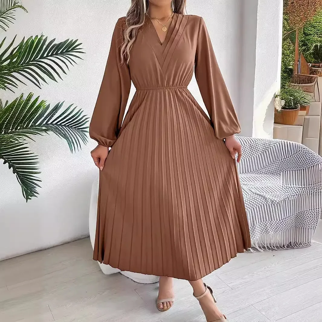 Solid Color Temperament Triple V-neck Dress, Women's New Elegant Elastic Waist Slim Pleated Dress for Autumn and Winter Vestidos