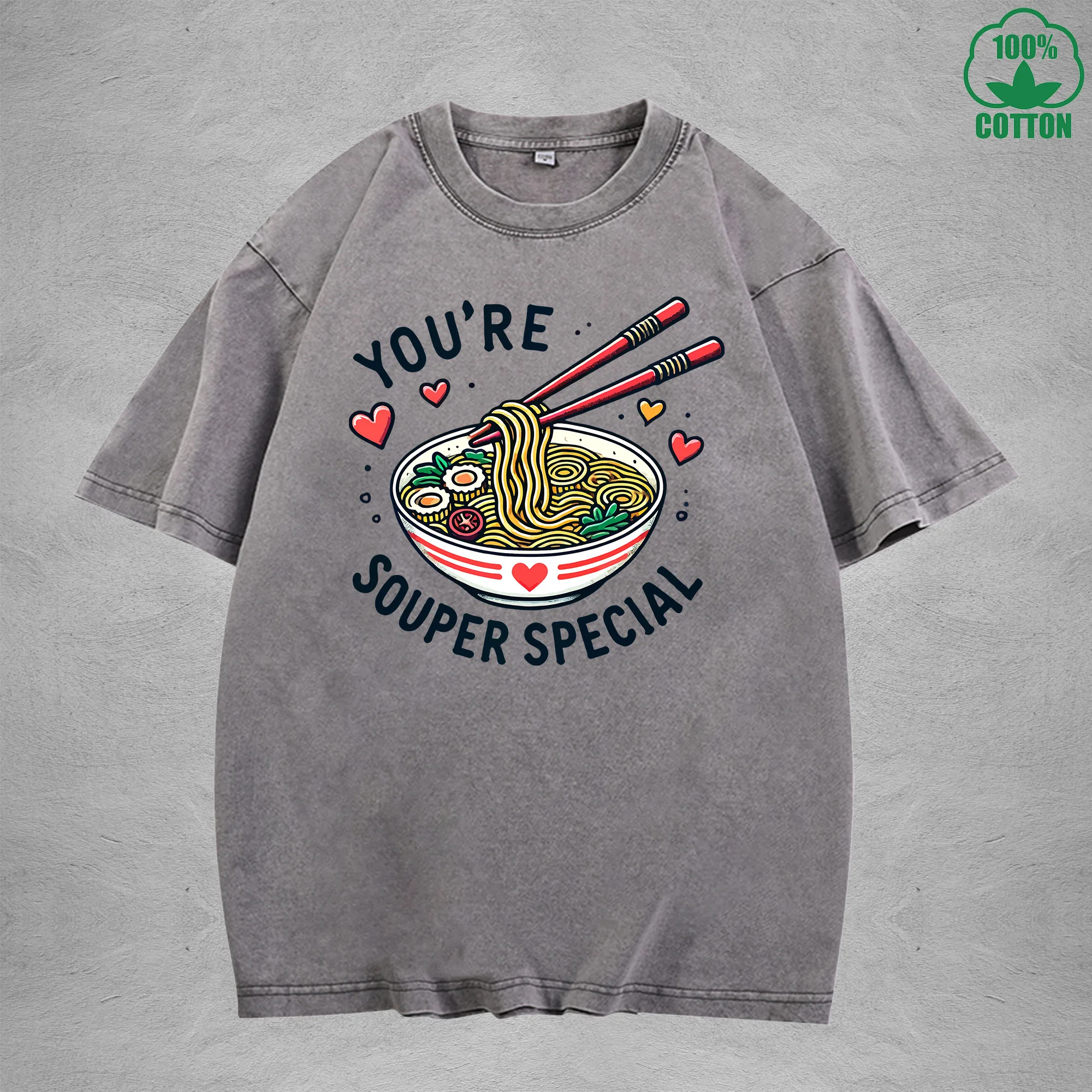 Youre Souper SpecialInterest Printed Washed T-Shirt 230G Loose Trendy Fashionable 100%Cotton Short Sleeve Top