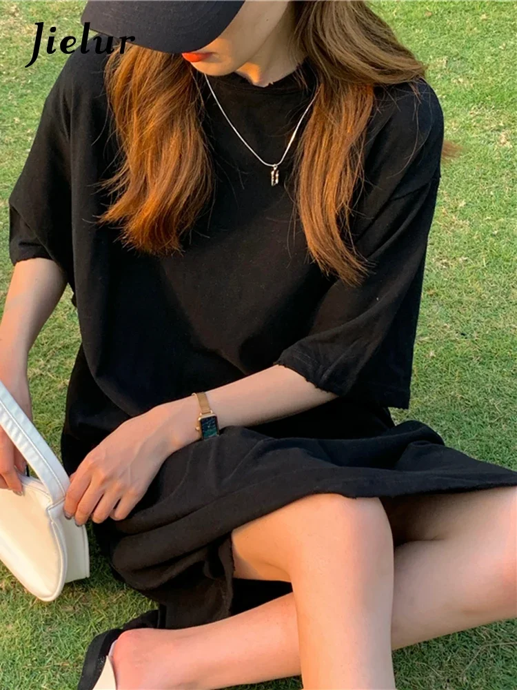 Jielur 여성용 코튼 화이트 원피스, 짧은 소매, 심플하고 루즈한 커피 블랙 원피스, 단색 롱 탑, 여성 드레스 M-XL, 여름