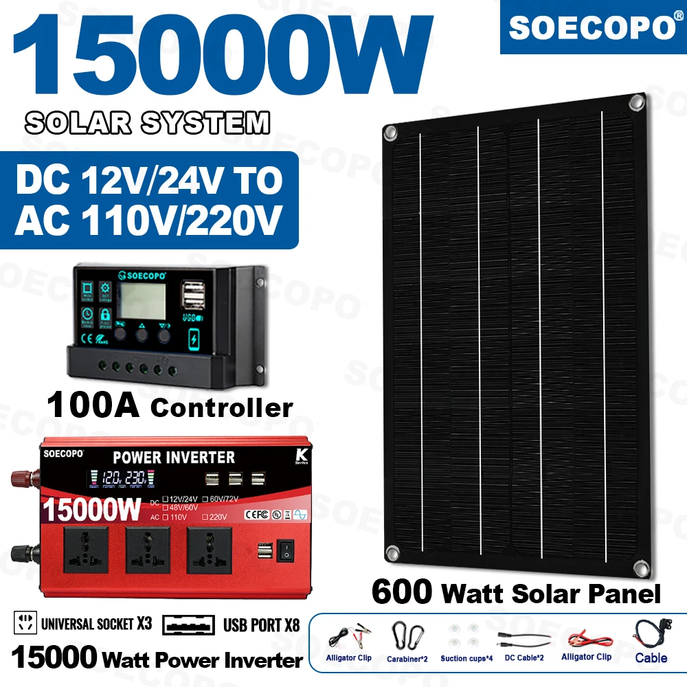 

SOECOPO 15000W Inverter (3 Sockets, 8 USBs) 12V/24V Full Solar System Complete Kit 600W Panel 100A Controller for Home Camping